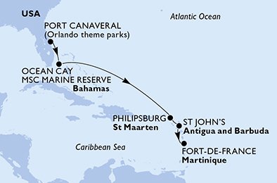 6 Night Caribbean Cruise On MSC Seaside Departing From Port Canaveral itinerary map