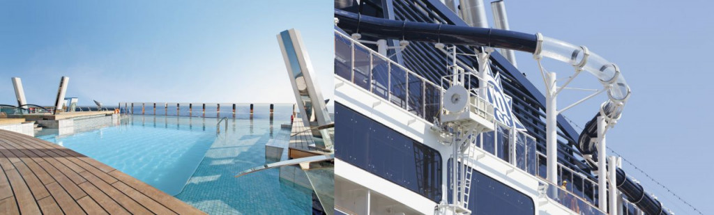 Stern swimming pool and water slide 