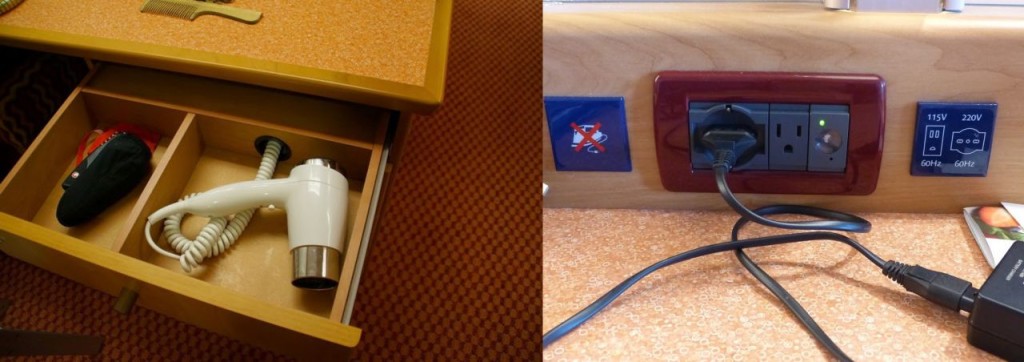 Socket and hair dryer in the cruise ship cabin